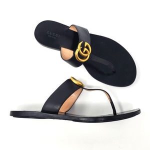 Gucci Marmont Leather Thong Flat Sandals with Double G Black Gold Sz 37.5/US7.5